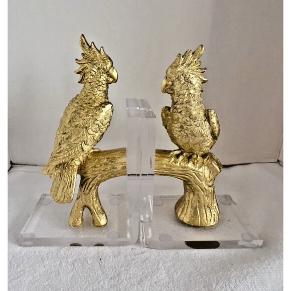 Cockatoo Cockatiel Parrot Bookends Gold Bird on Lucite 9"H x 6"W x 3"D ART DECO - Picture 1 of 11